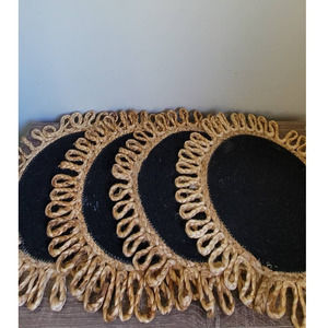 Set of 4 Boho Placemats Sunburst, Black and Jute Retro